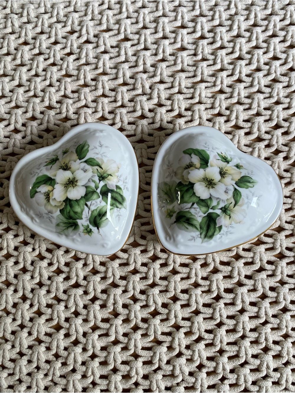 Vintage Renaissance Canada Porcelain Heart Trinket Dishes with Floral Design